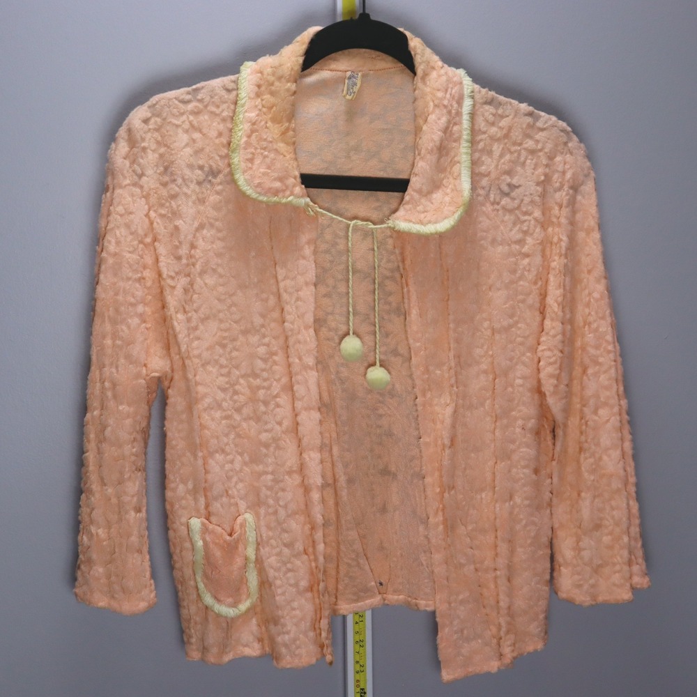 Miller's Bed Jacket Women M Peach Good Vintage Pom Pom Fringe Textured Mesh